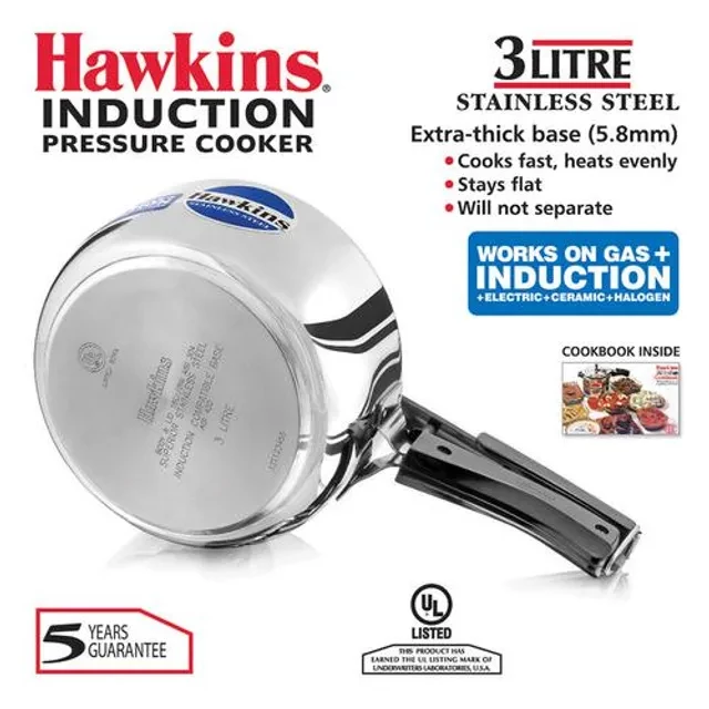 Hawkins Stainless Steel Inner Lid Pressure Cooker - Induction Base, With Handle, Silver, HSS3W, 3 l-7.webp